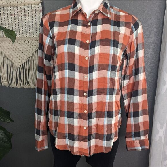 LOFT Women SZ XS Orange/Brown Checked Button Up Shirt Blouse -Lightweight-Casual - Picture 2 of 7